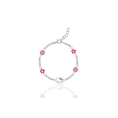 Hello Kitty Sanrio Officially Licensed Authentic Silver Plated Bracelet with Flowers and Crystals - 6.5 + 1