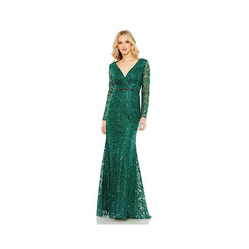 Mac Duggal Womens Embellished Wrap Over Long Sleeve Gown