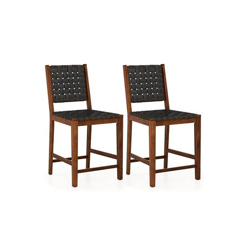 Costway Woven Bar Stools Set of 2 Counter Height Dining Chairs Faux PU Leather Kitchen