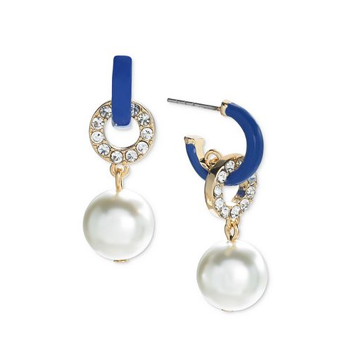 On 34th Gold-Tone Pave Ring & Imitation Pearl Charm C-Hoop Earrings