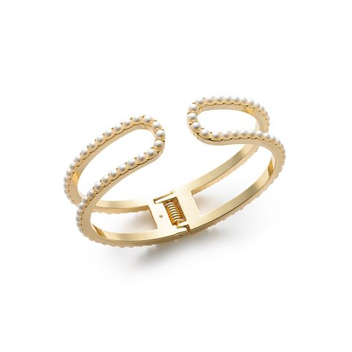 On 34th Gold-Tone Imitation Pearl Double-Row Cuff Bracelet