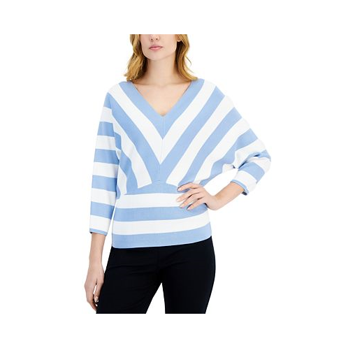 T Tahari Womens Striped 3/4-Sleeve V-Neck Sweater