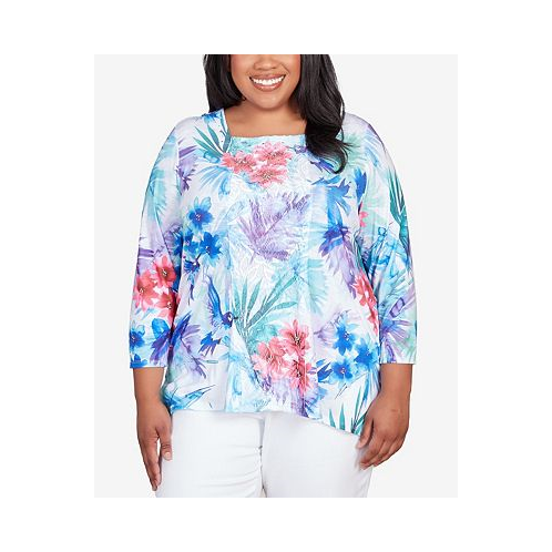 Alfred Dunner Plus Size Classic Brights Tropical Birds Lace Paneled Top