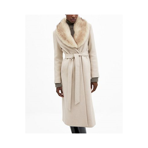 MANGO Womens Faux Fur Collar Detachable Wool Coat