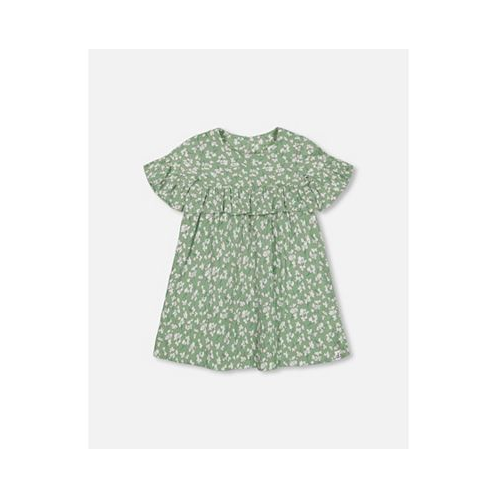 Deux par Deux Girl Muslin Dress With Frill Green Jasmine Flower Print - Child