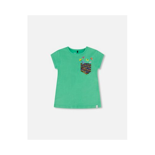 Deux par Deux Girl Organic Jersey Top With Print And Sequins Spring Green - Child
