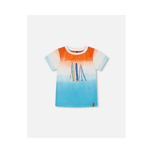 Deux par Deux Boy Organic Cotton T-Shirt With Gradient Blue And Orange Print - Toddler|Child