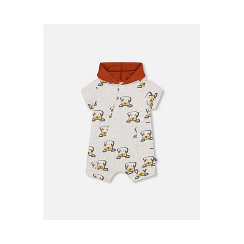 Deux par Deux Baby Boy Organic Cotton Hooded Romper Heather Beige With Printed Dog - Infant