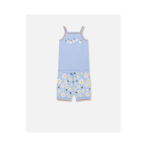 Deux par Deux Girl Organic Cotton Two Piece Pajama Set Baby Blue Printed Daisies - Toddler Child