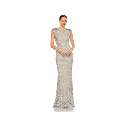 Mac Duggal Womens Embellished Crystal Cap Sleeve Column Gown