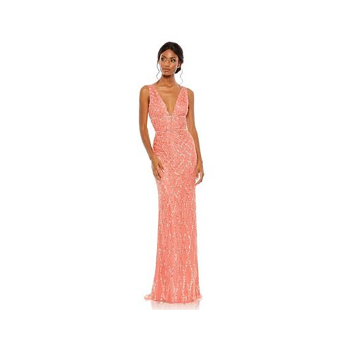 Mac Duggal Womens Sequined Plunge Neck Sleeveless Column Gown
