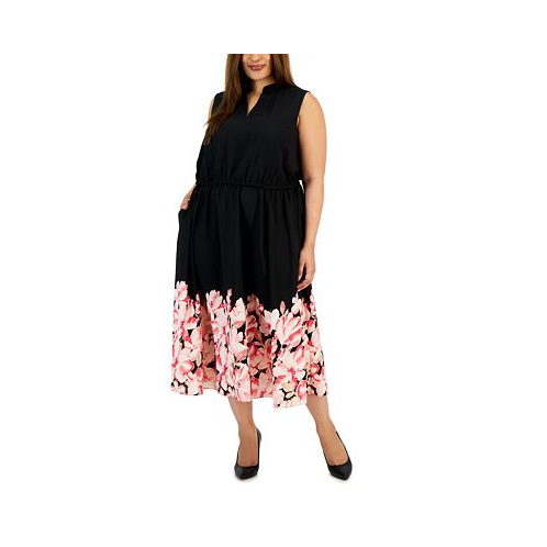Anne Klein Plus Size Jenna Border-Hem Elastic-Waist Midi Dress