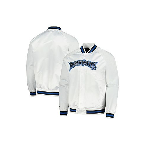 Mitchell & Ness Mens White Minnesota Timberwolves Hardwood Classics Throwback Wordmark Raglan Full-Snap Jacket