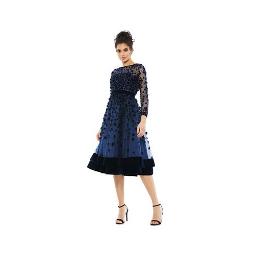 Mac Duggal Womens Embellished Illusion High Neck Long Sleeve Fit & Flare Dress