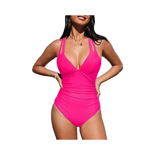 CUPSHE Womens Release Happiness Ruched Cross Back One Piece Swimsuit