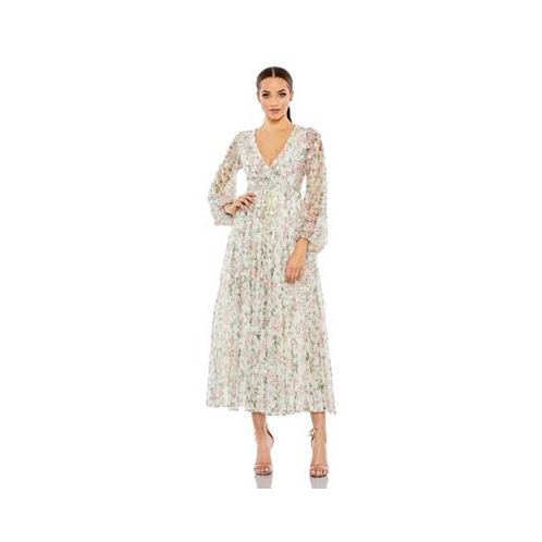 Mac Duggal Womens Embellished Floral Print Faux Wrap A Line Dress