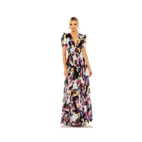 Mac Duggal Womens Ieena Floral Print Mesh Cap Sleeve Gown