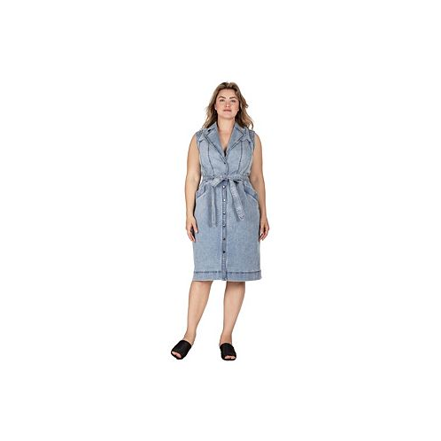 Standards & Practices Womens Plus Size Belted Denim Pocket Midi Dress