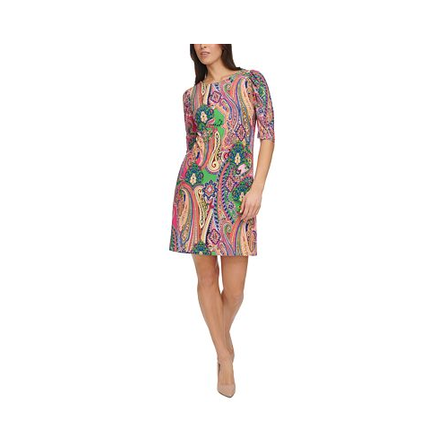 Tommy Hilfiger Petite Paisley Ruched-Sleeve Jersey Shift Dress