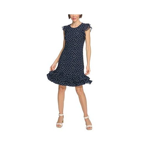 Tommy Hilfiger Womens Dot-Print Flutter-Sleeve Dress