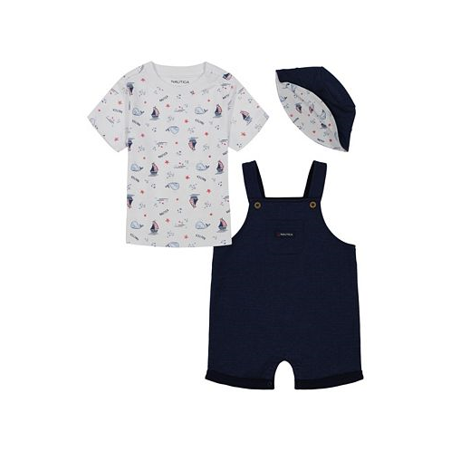 Nautica Baby Boys Short Sleeve Print T-shirt Patterned French Terry Shortalls and Bucket Hat 3-Pc Set