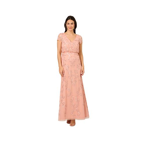Adrianna Papell Womens V-Neck Beaded Short-Sleeve Gown