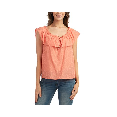 BCX Juniors Floral Embroidered Ruffle-Trim Scoop Neck Top