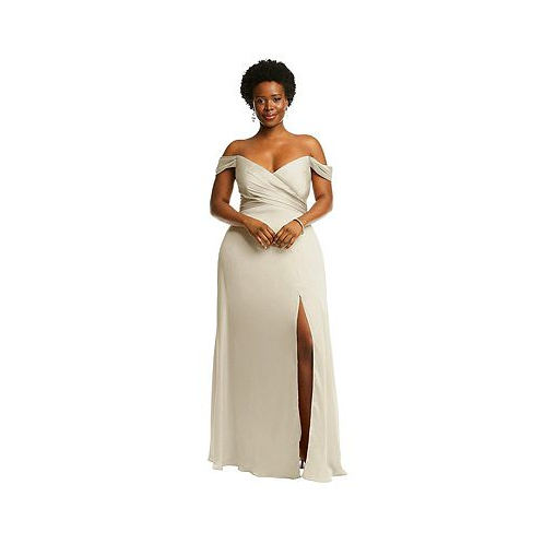 Dessy Collection Plus Size Off-the-Shoulder Flounce Sleeve Empire Waist Gown with Front Slit
