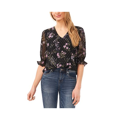 CeCe Womens Floral 3/4-Sleeve Ruffled V-Neck Blouse
