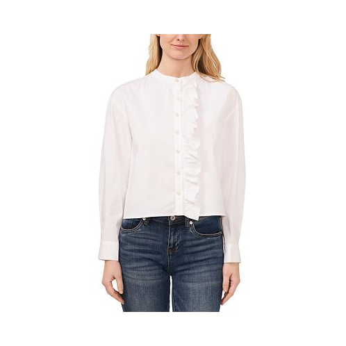 CeCe Womens Ruffled Button-Front Long-Sleeve Cropped Blouse