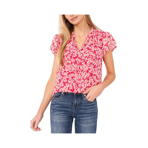 CeCe Womens Floral Clip-Dot Tie-Neck Flutter-Sleeve Top