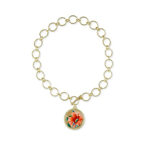 Patricia Nash Gold-Tone Flower-Print Leather 21 Pendant Necklace