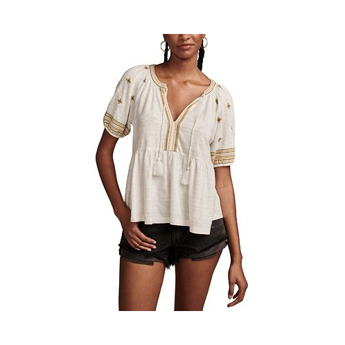 Lucky Brand Womens Cotton Embroidered Babydoll Top