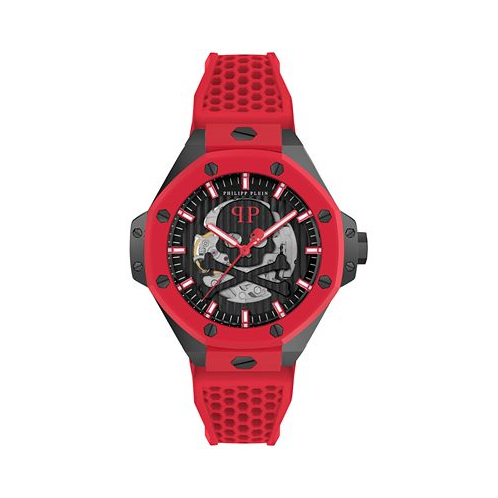 Philipp Plein Mens Automatic Skeleton Royal Red Silicone Strap Watch 46mm
