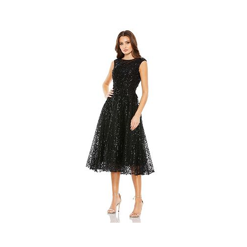 Mac Duggal Womens Sequined Cap Sleeve Fit And Flare Dress