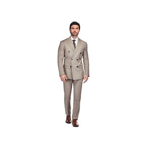 Gino Vitale Mens 2 Piece Slim Fit Brown Check Double Breasted Suit