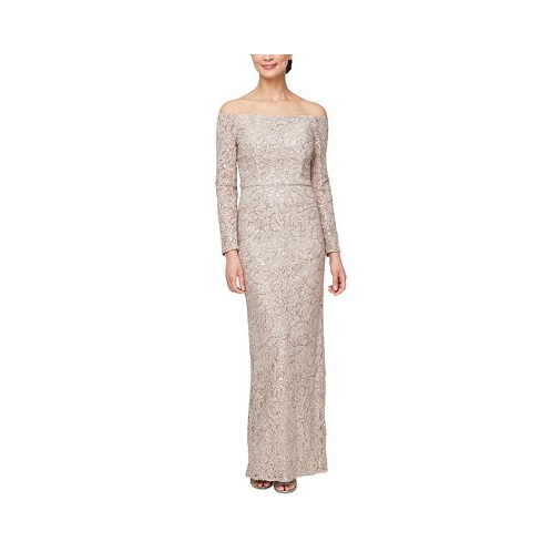 Alex Evenings Womens Sequined-Lace Off-The-Shoulder Gown