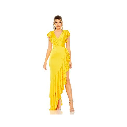 Mac Duggal Womens Ieena Flutter Sleeve Cut Out Asymmetrical Ruffled Gown