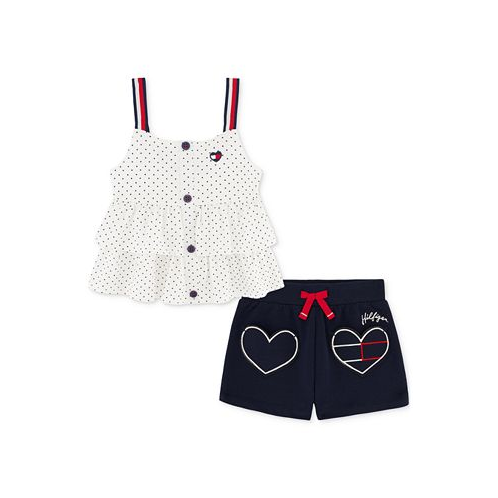 Tommy Hilfiger Toddler Girls Tiered Jersey Babydoll Top & French Terry Logo Shorts 2 Piece Set