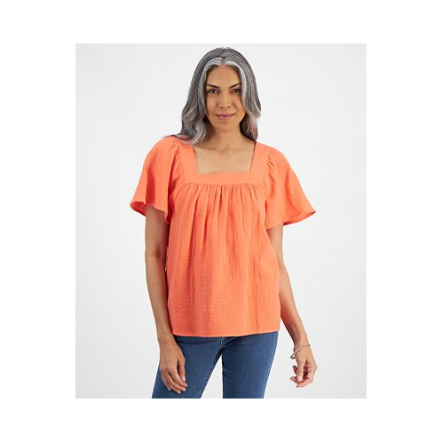 Style & Co Womens Cotton Gauze Square-Neck Top