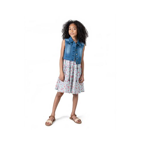 Rare Editions Big Girls Denim Vest Dress Outfit with Necklace 3 PC