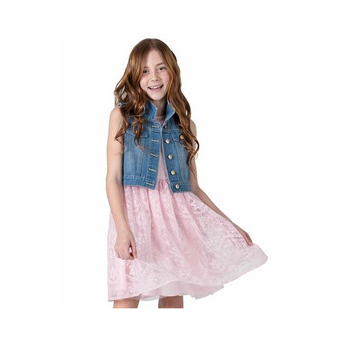 Rare Editions Big Girls Denim Vest and Embroidered Dress Outfit 2 PC