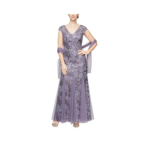 Alex Evenings Embellished-Lace Embroidered Illusion Gown & Shawl