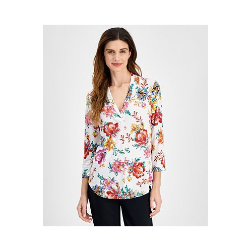 JM Collection Petite Floral-Print Gathered-Neck Top