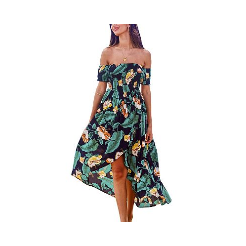 CUPSHE Womens Tropical Off-Shoulder Smocked Bodice Asymmetrical Maxi Beach Dress