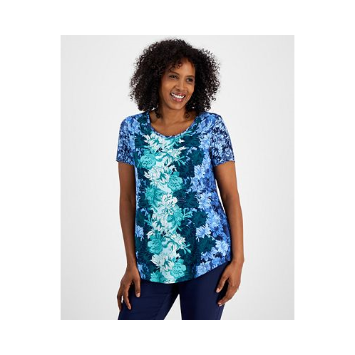 JM Collection Womens Ombre Printed Short-Sleeve Scoop-Neck Top