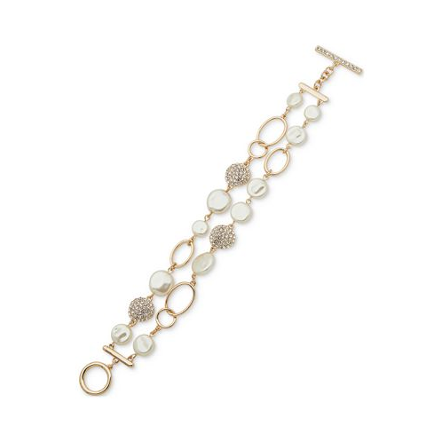 Anne Klein Gold-Tone White Imitation Pearl & Crystal Two-Row Toggle Flex Bracelet
