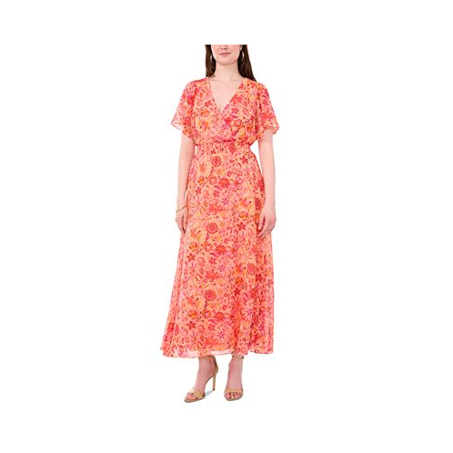 Sam & Jess Womens Printed Flutter-Sleeve Smocked-Waist Maxi Dress
