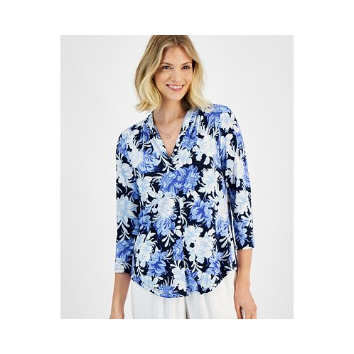 JM Collection Womens Floral-Print 3/4 Sleeve Pleated-Neck Top