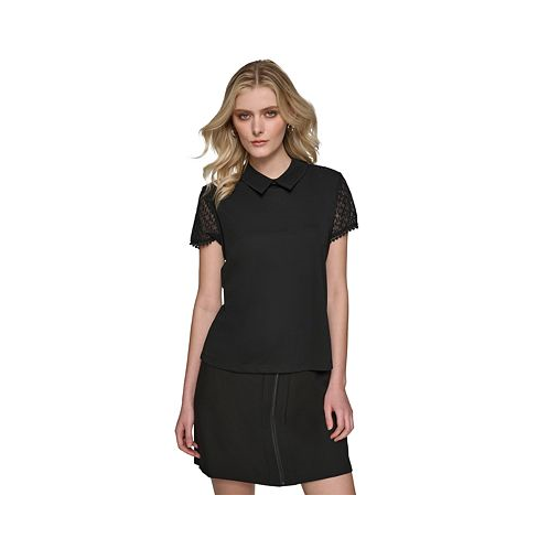 Karl Lagerfeld PARIS Womens Collared Lace-Trim Top